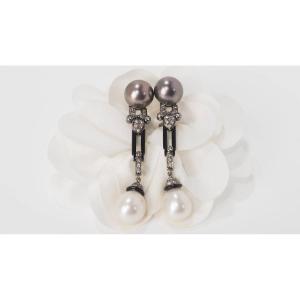 Pair Of Pendant Earrings In White Gold Cognac Diamonds And Pearls