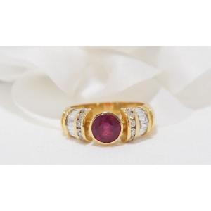Bague Jonc En Or Jaune, Rubis Naturel Et Diamants