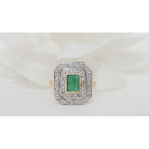 Bague Double Entourage En Or Bicolore Emeraude Et Diamants