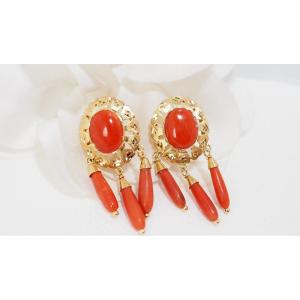 Boucles d'Oreilles En Or Jaune Et Corail 