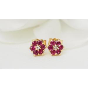 Earrings In Yellow Gold, Ruby And Diamonds
