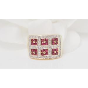 Bague Bandeau En Or Jaune, Rubis Et Diamants 