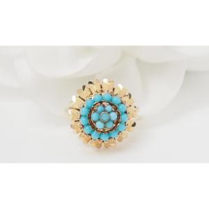 Vintage Ring In Yellow Gold And Turquoises