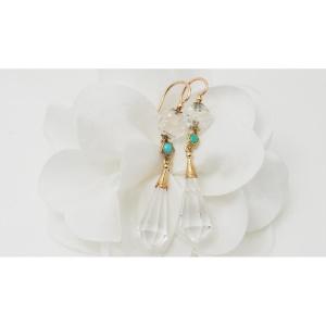 Earrings In Yellow Gold, Rock Crystal And Turquoise