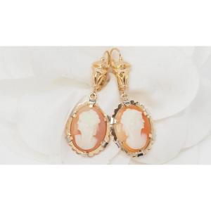 Drop Earrings In Yellow Gold And Cameo