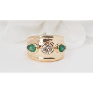 Bangle Ring In Yellow Gold, Emeralds And Diamonds