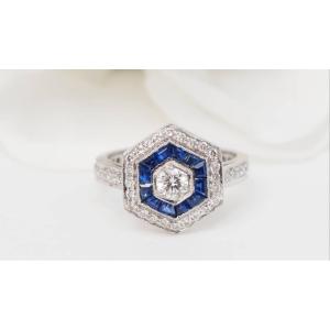 Hexagonal Ring, Calibrated Sapphires And Diamonds