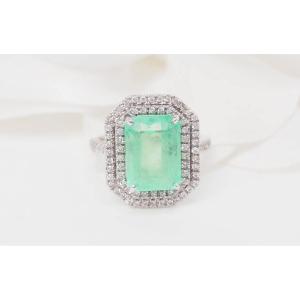 Double Surround Ring In White Gold, Certified Colombian Emerald And Diamonds