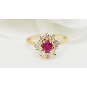 Bague Marguerite En Or Jaune, Rubis Et Diamants