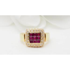 Square Ring In Yellow Gold, Rubies And Diamonds 