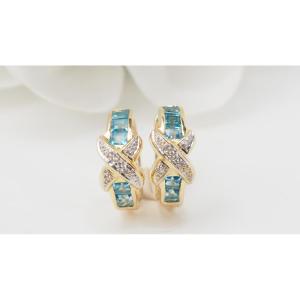 Boucles d'Oreilles Créoles En Or Blanc,topaze Bleue Et Diamants