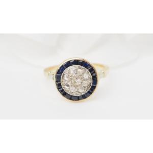 Bague Ancienne En Or Jaune, Diamants Et Saphirs 