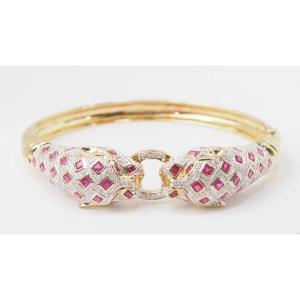 Bracelet Panthère En Or Jaune, Rubis Et Diamants