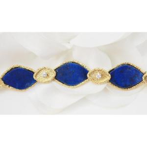 Bracelet Vintage En Or Jaune, Lapis Lazuli Et Diamants 