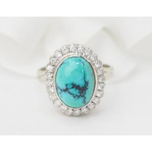 White Gold, Diamond And Cabochon Turquoise Entourage Ring 