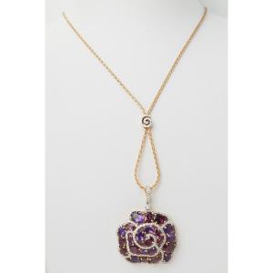 Rose Gold Flower Pendant Necklace With Gemstones And Diamonds