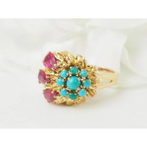 Bague ancienne fleur en or jaune 18 carats rubis et turquoises 