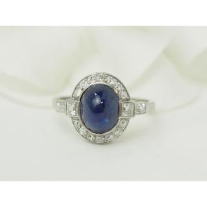 Antique Ring In Platinum, Cabochon Sapphire And Diamonds