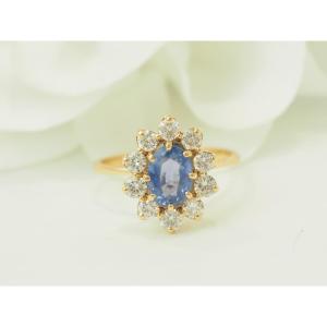Ring In Yellow Gold, 1ct Ceylon Sapphire And Diamonds