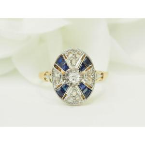 Bague Art Déco Saphirs Calibrés et Diamants Taille Rose Or 18kt Platine