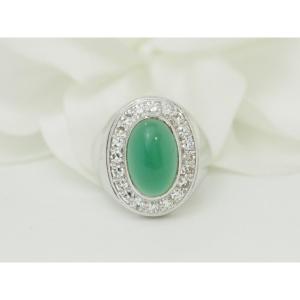 Antique Signet Ring In White Gold, Green Agate, And Diamonds