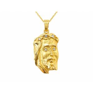 18-karat Yellow Gold Pendant Featuring The Head Of Christ, Set With 0.10 Ct Of Diamonds