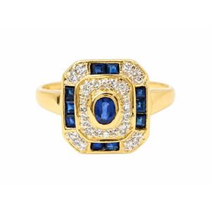 Bague vintage or jaune 18 carats – Saphirs bleus calibrés et diamants