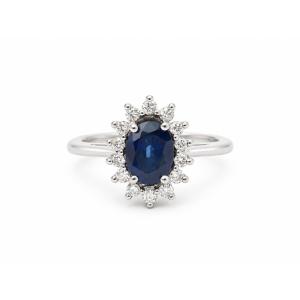 Bague Marguerite Saphir Bleu 1 ct et Diamants – Or Blanc 18 Carats