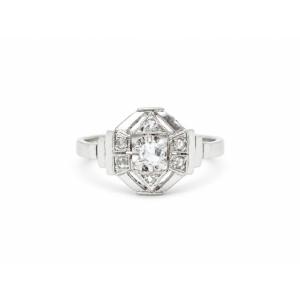 Bague octogonale années 1930 – Or 18 carats et diamants anciens