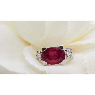 White Gold Ruby And Baguette Diamond Ring