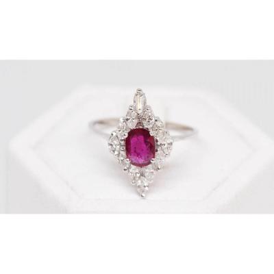 Bague Marquise En Or Blanc  Rubis et diamants navettes