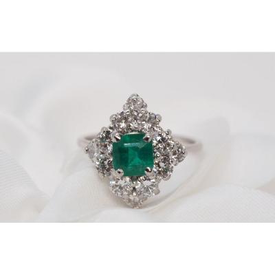 Losangique Ring In White Gold, Emerald And Diamonds