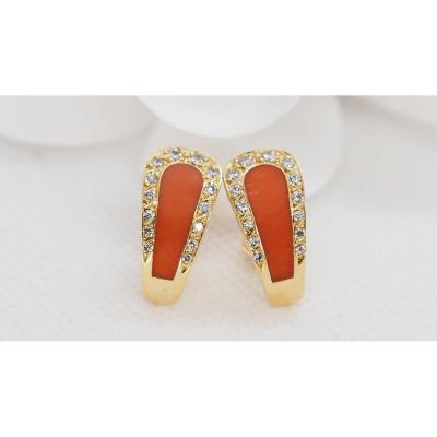 Boucles d'Oreilles En Or Jaune, Corail Et Diamants