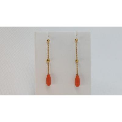 Boucles d'Oreilles En Or Jaune Et Corail en gouttes