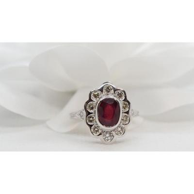 Bague Entourage En Or Blanc, Rubis Et Diamants