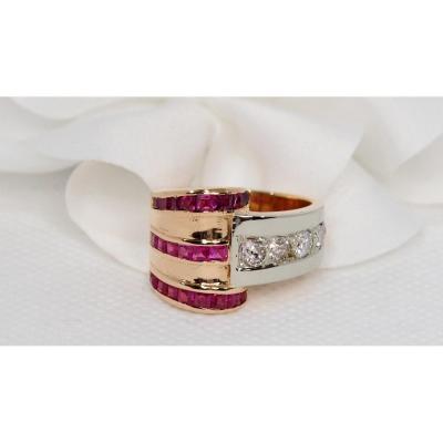 Tank Ring In Rose Gold Set With Diamonds And Red Stones