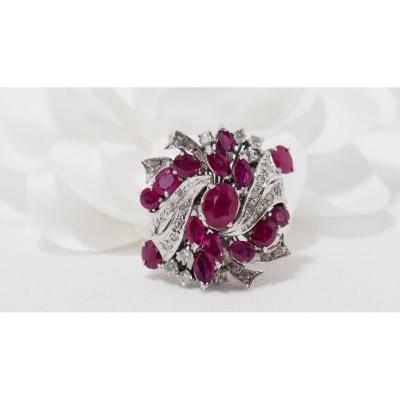 Vintage Ring In White Gold, Rubies And Diamonds