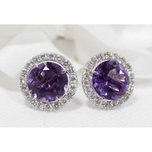 Earrings In White Gold, Round Amethysts And Diamonds