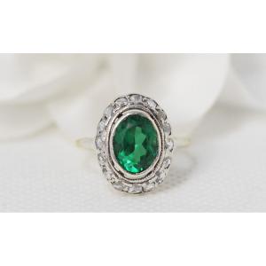 Old Ring In Yellow Gold And Silver, Green Stone And Diamonds