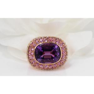 Important Yellow Gold Ring Adorned With An Amethyst And Diamonds