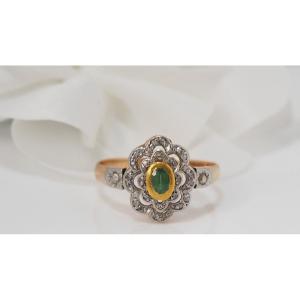 Daisy Ring In Yellow Gold, Emerald And Roses