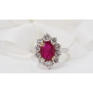 Bague Marguerite En Or Blanc, Rubis Et Diamants