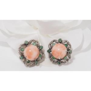 Boucles d'Oreilles En Argent, Corail Et Emeraudes