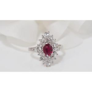 Bague Marquise En Platine, Rubis Et Diamants