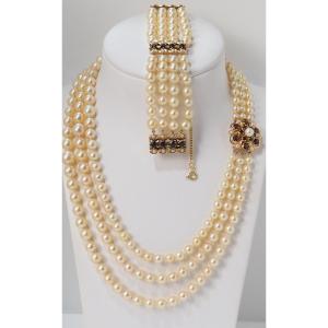 Necklace And Bracelet Set In Yellow Gold And Cultured Pearls