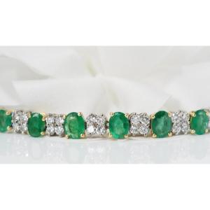 Rivière Bracelet In White And Yellow Gold, Oval Emeralds And Diamonds