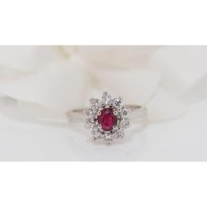 Daisy Ring In White Gold, Rubies And Diamonds