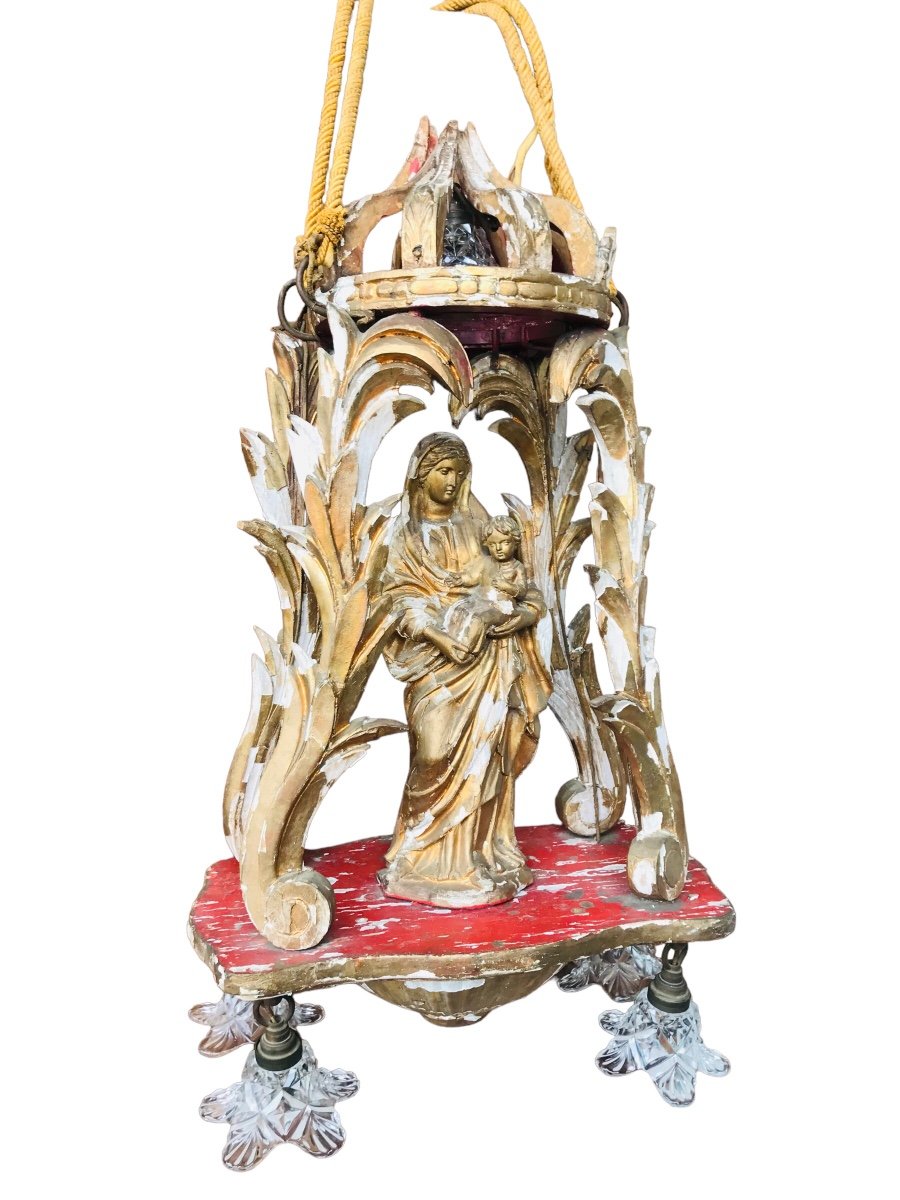 Vierge à l’enfant de procession en bois doré -photo-3