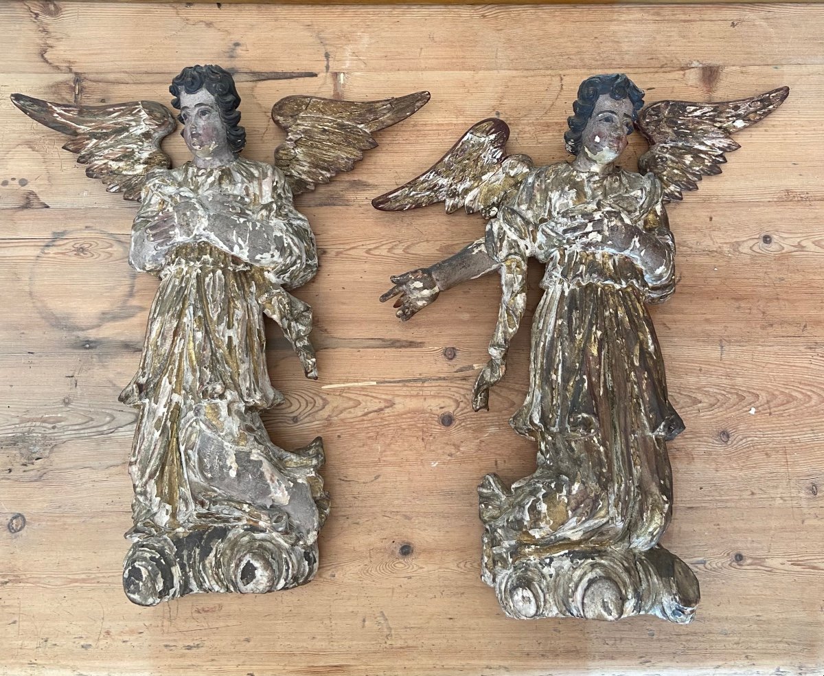 Deux anges ailés 18 Eme Bois Polychrome -photo-6