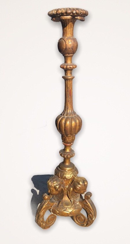 Pique Candle In Golden Wood With Gold Leaf XVIII Century-photo-5